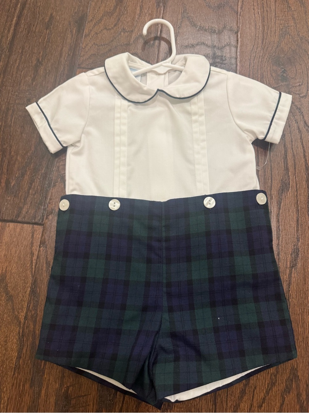 Classic White Top with Navy & Green Plaid Shorts Romper
